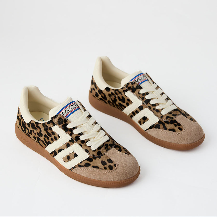 Back 70 Taupe Suede Leather Leopard Print Trainers - Nozomi