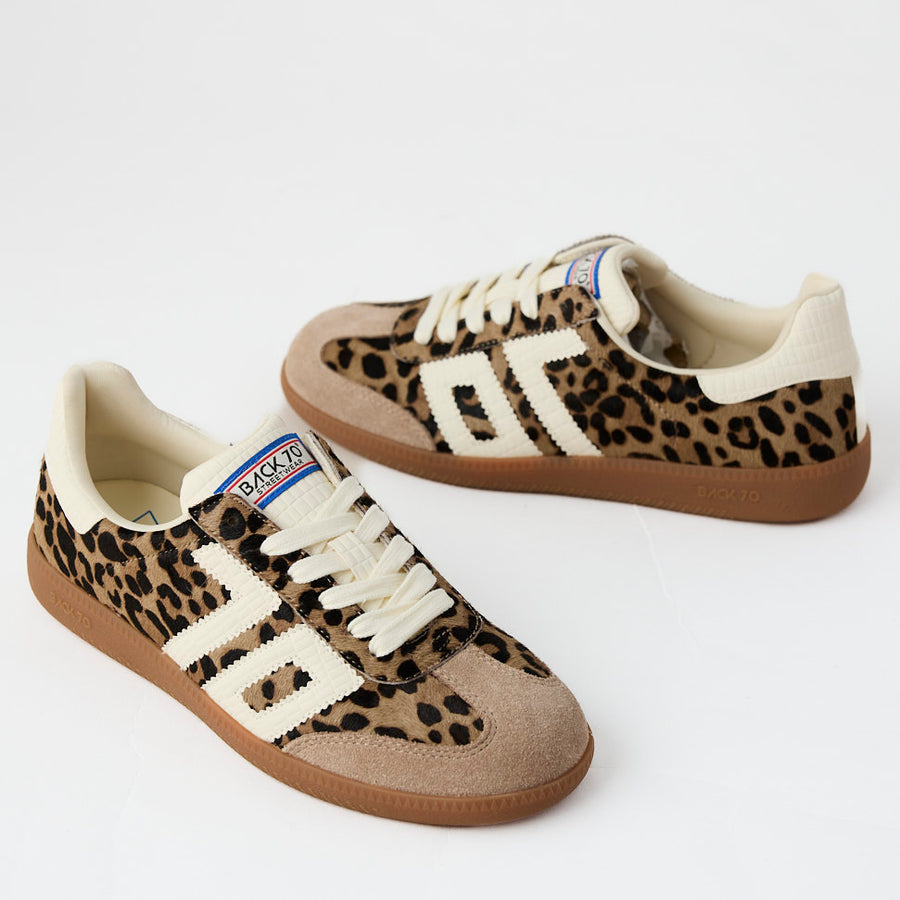 Back 70 Taupe Suede Leather Leopard Print Trainers - Nozomi