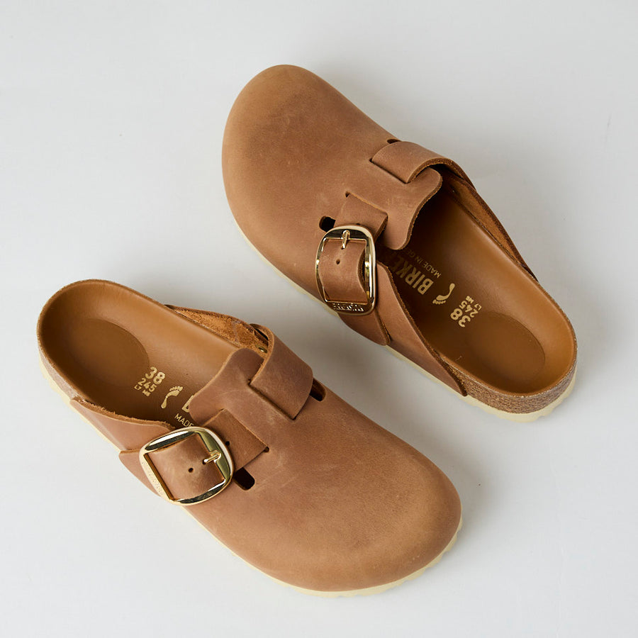 Birkenstock Cognac Oiled Leather Big Buckle Boston Clogs - Nozomi