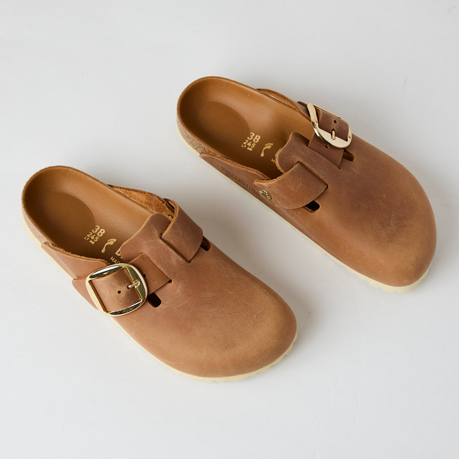 Birkenstock Cognac Oiled Leather Big Buckle Boston Clogs - Nozomi