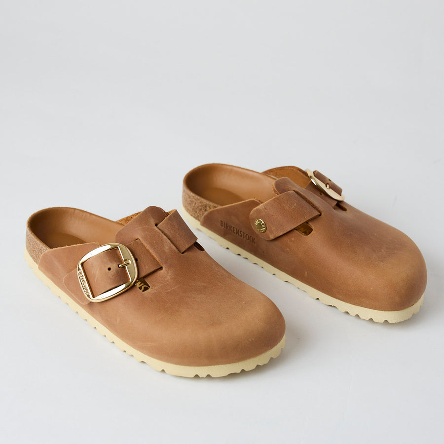 Birkenstock Cognac Oiled Leather Big Buckle Boston Clogs - Nozomi