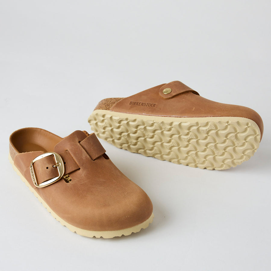 Birkenstock Cognac Oiled Leather Big Buckle Boston Clogs - Nozomi
