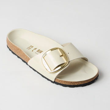 Birkenstock Ecru Leather Madrid One Strap Big Buckle Slider Sandals