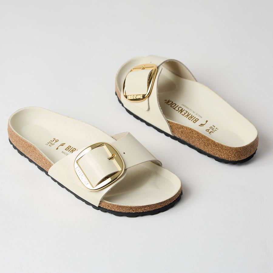Birkenstock Ecru Leather Madrid One Strap Big Buckle Slider Sandals