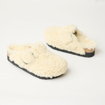 Birkenstock Boston Teddy Eggshell Shearling Platform Clogs - Nozomi