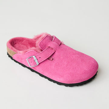 Birkenstock Boston Fuchsia Pink Suede Shearling Clogs - Nozomi