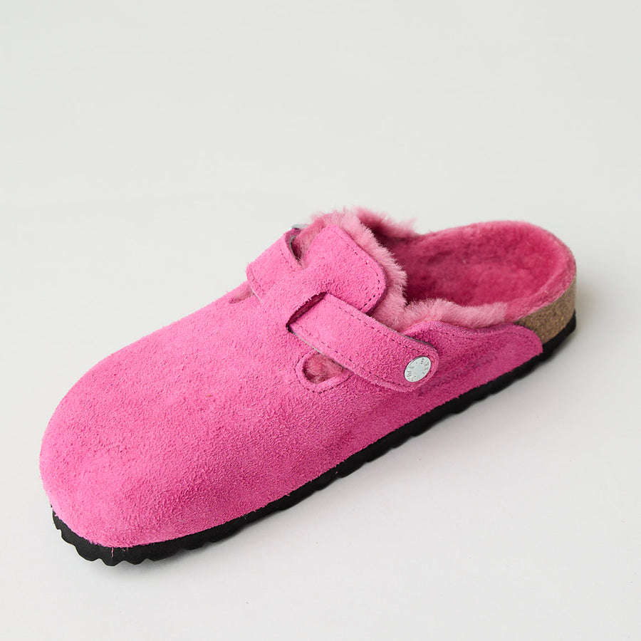 Birkenstock Boston Fuchsia Pink Suede Shearling Clogs - Nozomi