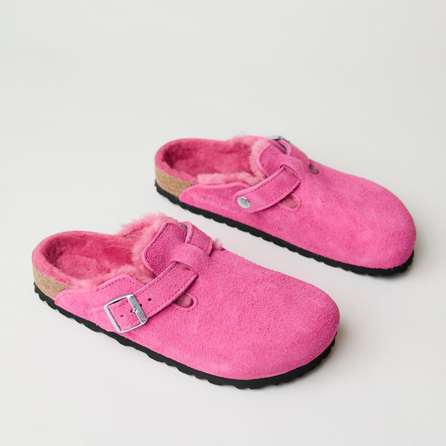 Birkenstock Boston Fuchsia Pink Suede Shearling Clogs - Nozomi