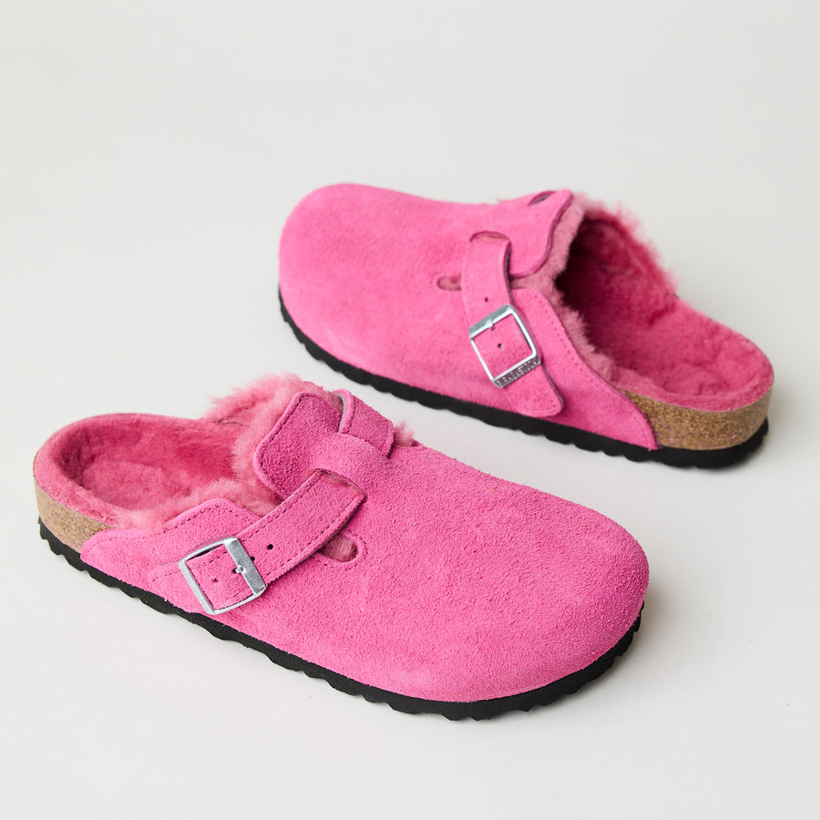 Birkenstock Boston Fuchsia Pink Suede Shearling Clogs - Nozomi