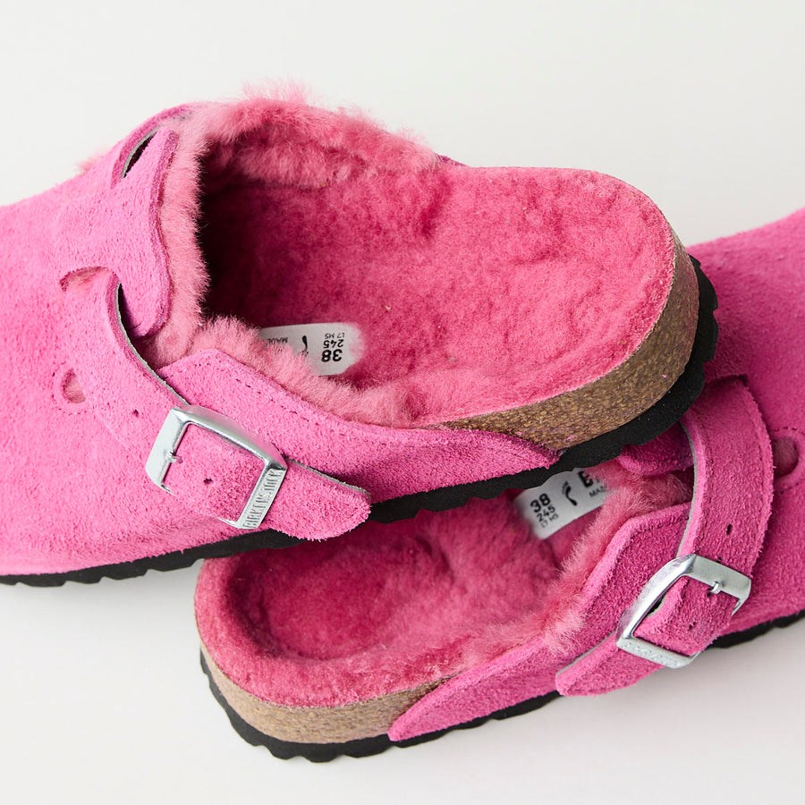 Birkenstock Boston Fuchsia Pink Suede Shearling Clogs - Nozomi