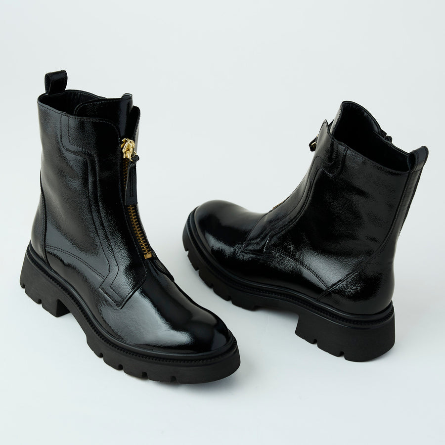 Gabor Black Patent Biker Boots - Nozomi