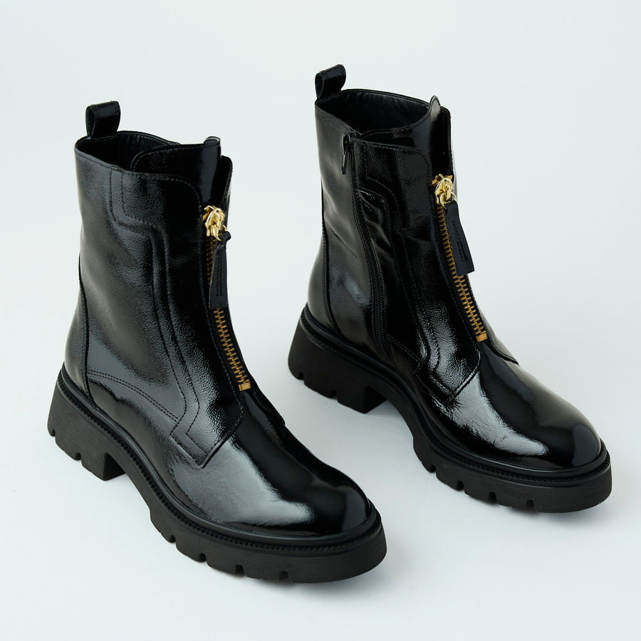 Gabor Black Patent Biker Boots - Nozomi