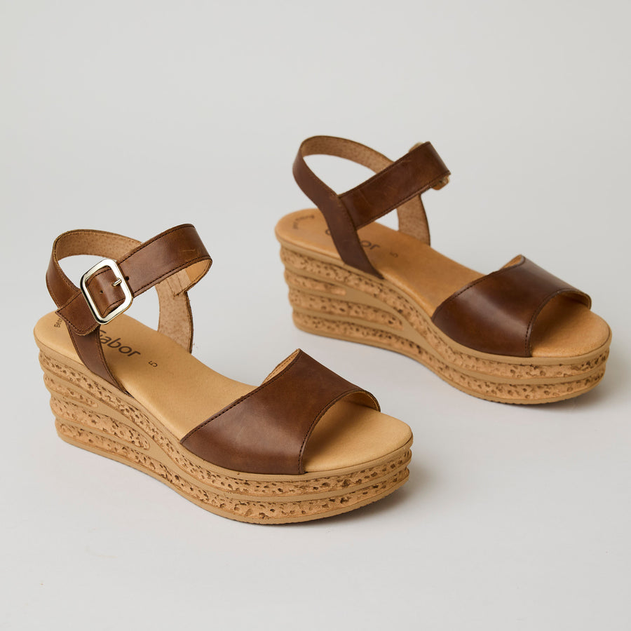 Gabor Tan Leather Medium Wedge Sandals - Nozomi