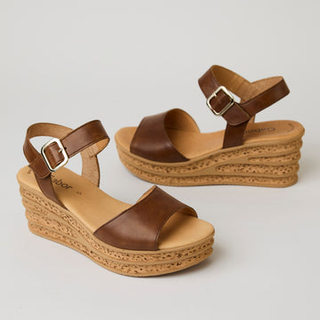 Gabor Tan Leather Medium Wedge Sandals - Nozomi