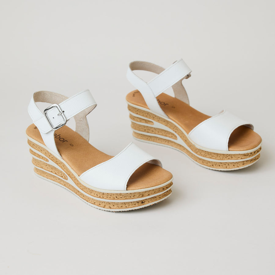 Gabor White Leather Medium Wedge Sandals - Nozomi