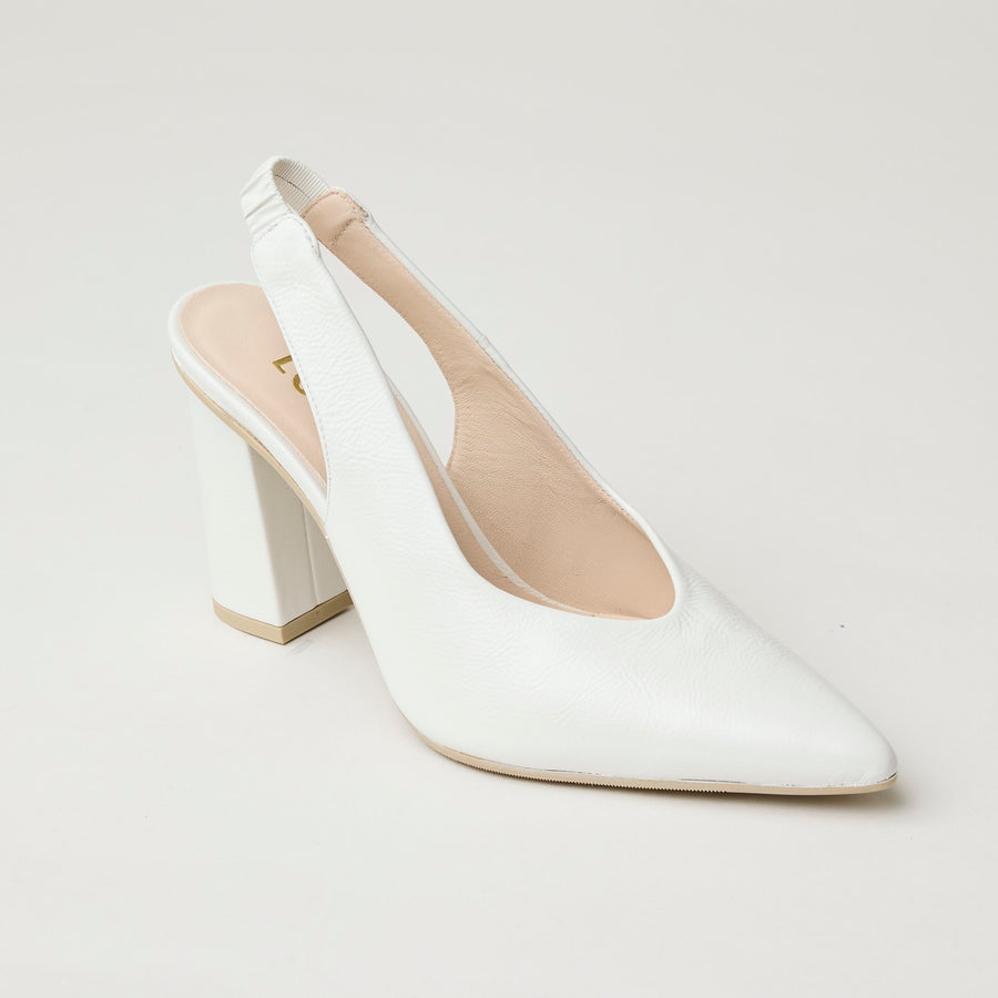 Lodi White Patent Leather Block Heel Sling Back Shoes - Nozomi