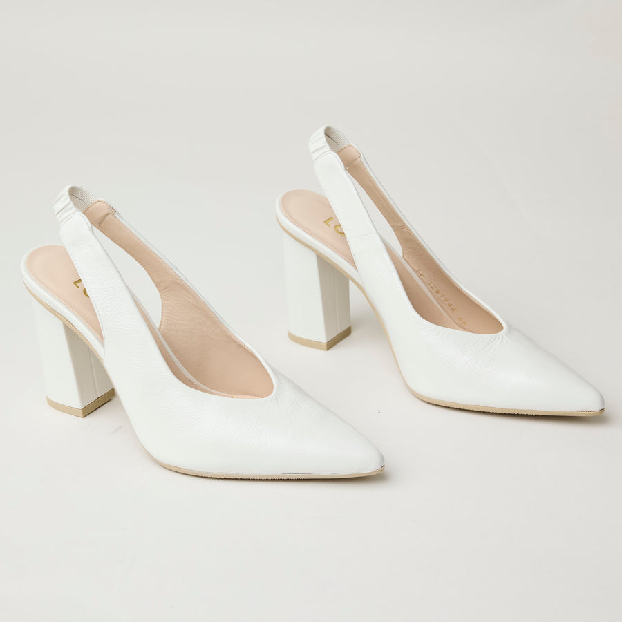 Lodi White Patent Leather Block Heel Sling Back Shoes - Nozomi