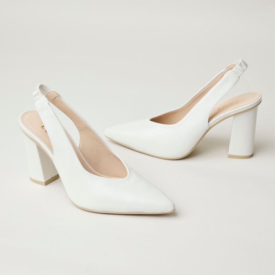 Lodi White Patent Leather Block Heel Sling Back Shoes - Nozomi