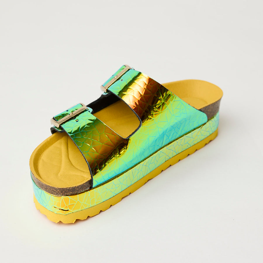 Lodi Metallic Iridescent Green Maxi Flatform Slider Sandals - Nozomi