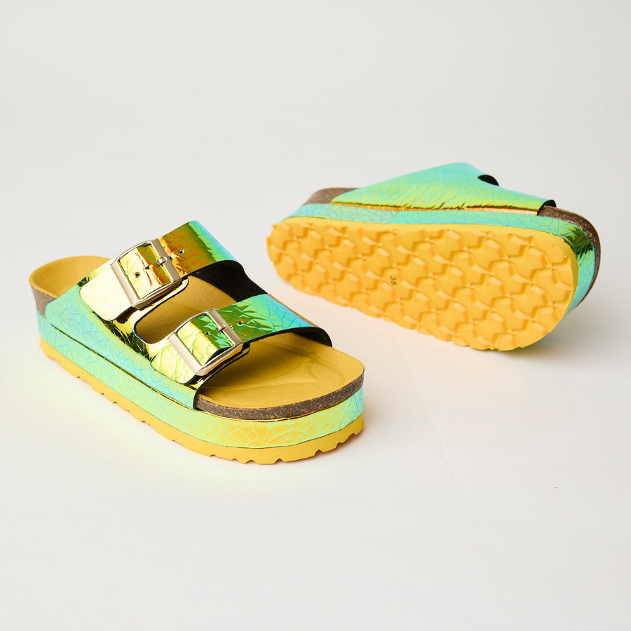 Lodi Metallic Iridescent Green Maxi Flatform Slider Sandals - Nozomi