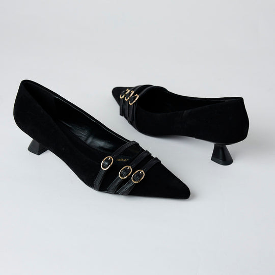 Lodi Black Suede Leather Kitten Heel Shoes - Nozomi