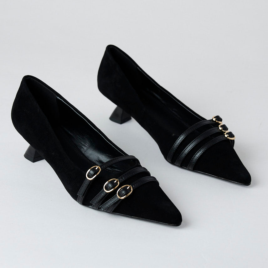 Lodi Black Suede Leather Kitten Heel Shoes