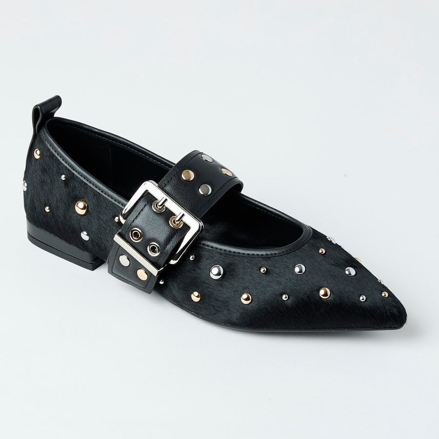 Lodi Black Leather Studded Pony Skin Mary Jane Shoes