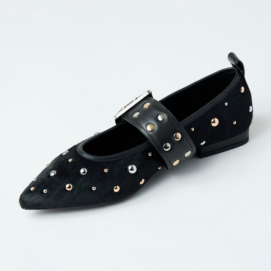 Lodi Black Leather Studded Pony Skin Mary Jane Shoes