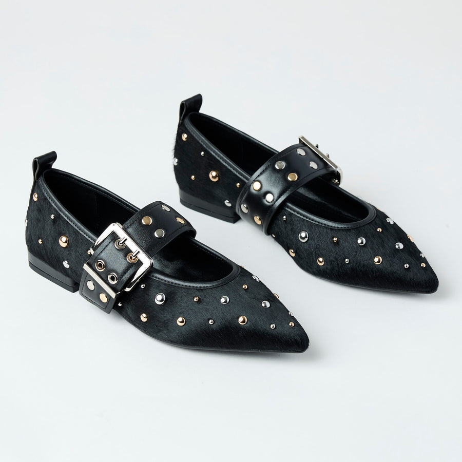 Lodi Black Leather Studded Pony Skin Mary Jane Shoes