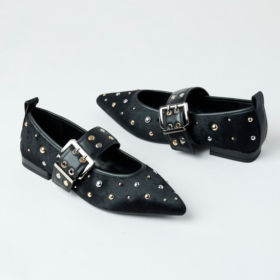 Lodi Black Leather Studded Pony Skin Mary Jane Shoes