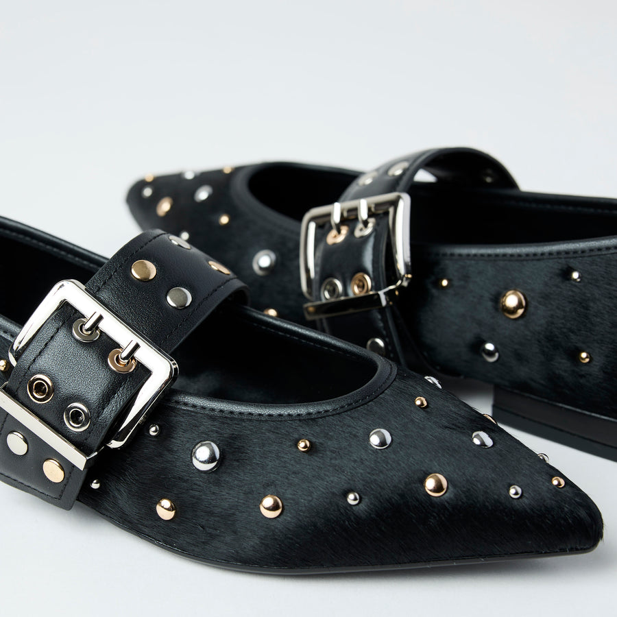 Lodi Black Leather Studded Pony Skin Mary Jane Shoes