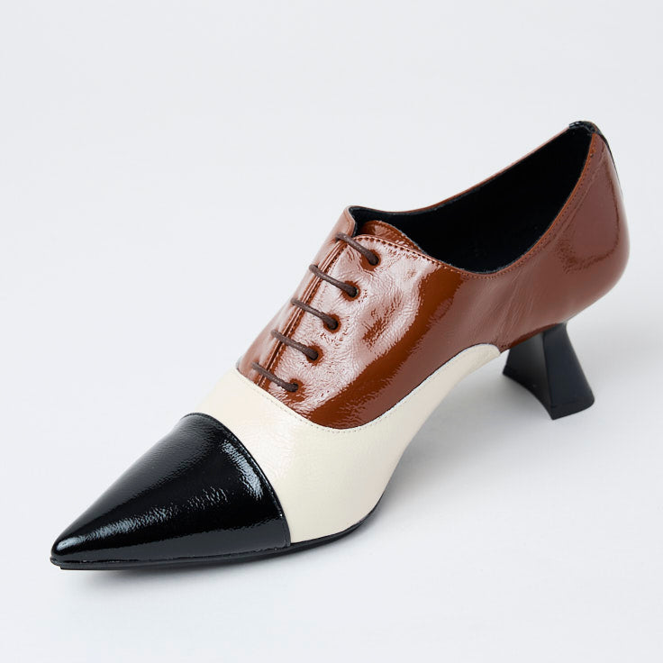 Lodi Black, Cream and Tan Patent Leather Laced Shoes - Nozomi
