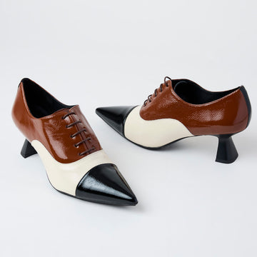 Lodi Black, Cream and Tan Patent Leather Laced Shoes - Nozomi