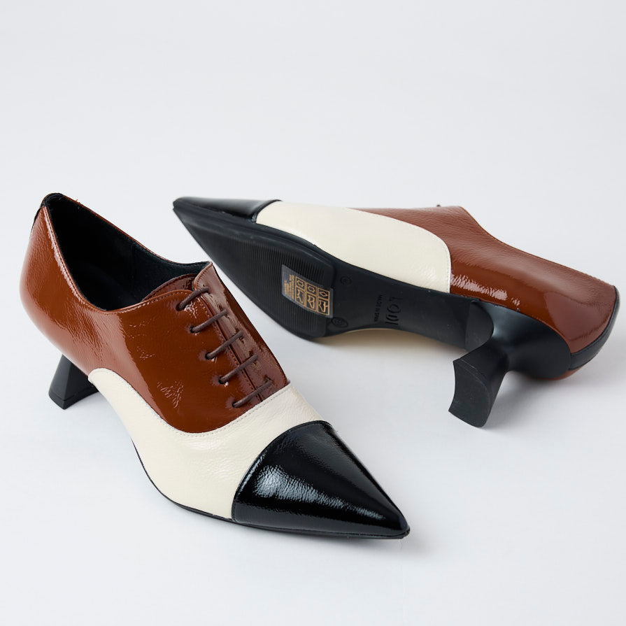 Lodi Black, Cream and Tan Patent Leather Laced Shoes - Nozomi
