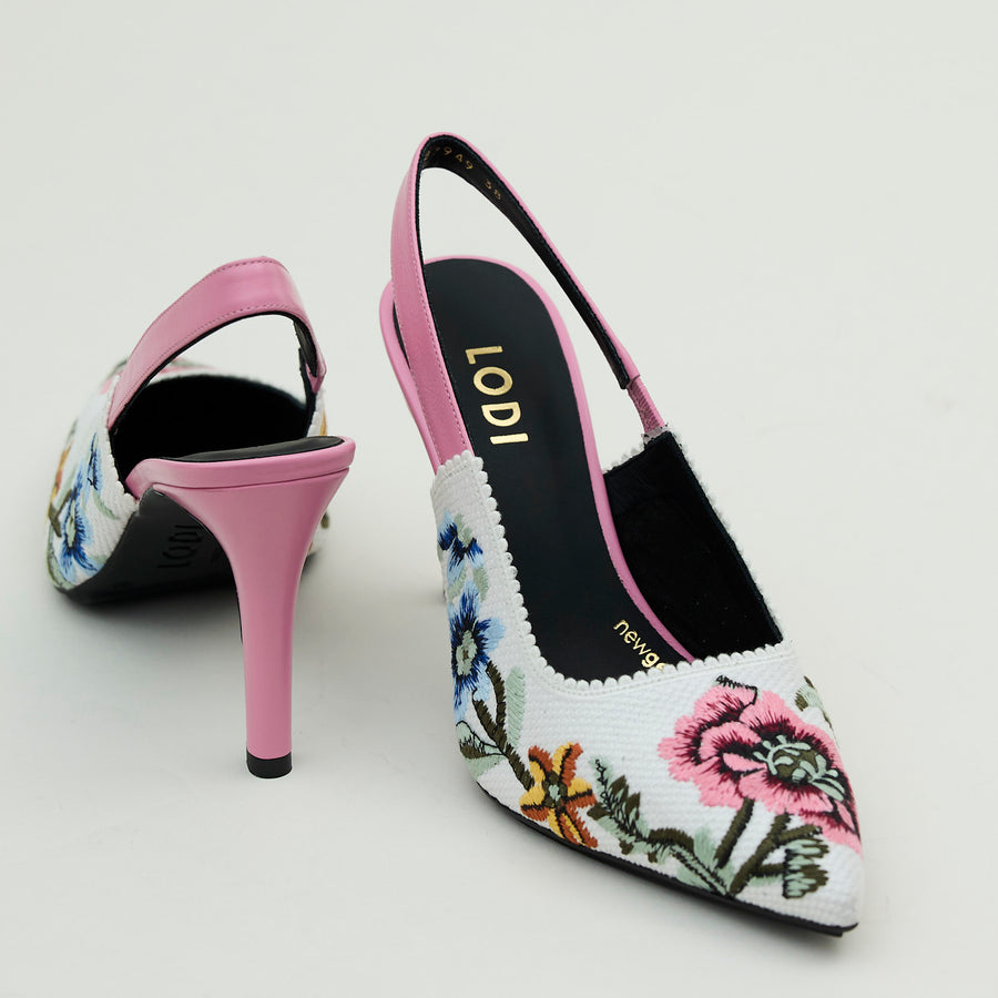 Lodi Multi Pink Leather & Tapestry Combination High Heel Sling Back Shoes - Nozomi