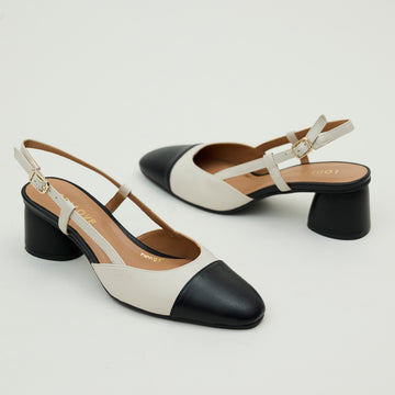 Lodi Black & Cream Leather Combination Sling Back Shoes - Nozomi