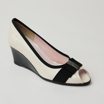 Le Babe Peep-toe Cream and Black Patent Wedge Shoes