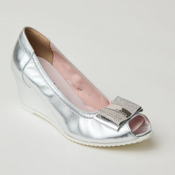 Le Babe Silver Metallic Leather Wedge Peep-toe Shoes