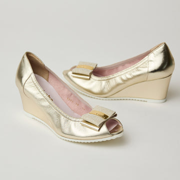 Le Babe Gold Metallic Leather Wedge Peep-toe Shoes