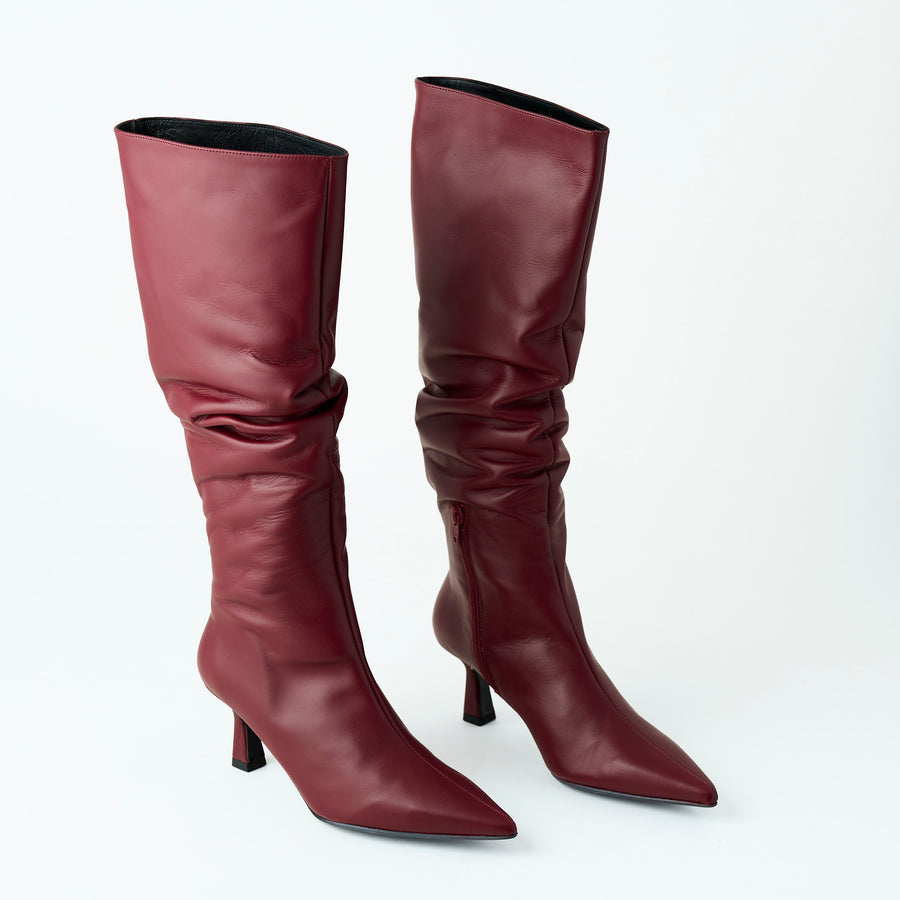 Marian Wine Leather Knee High Slouch Boots - Nozomi
