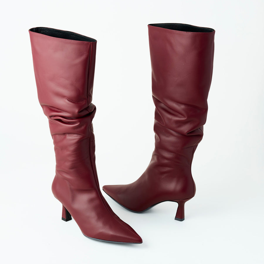 Marian Wine Leather Knee High Slouch Boots - Nozomi