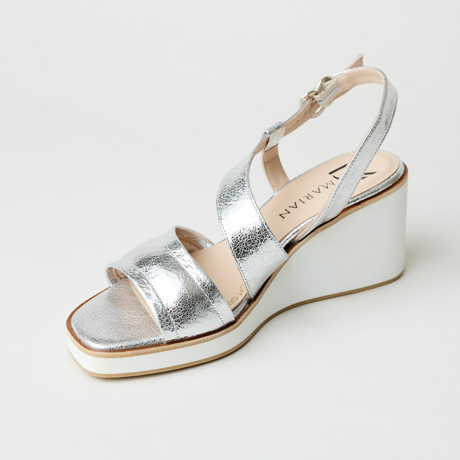 Marian Silver Leather Metallic Wedge Sandals - Nozomi