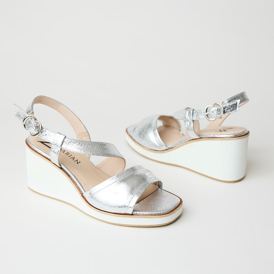 Marian Silver Leather Metallic Wedge Sandals - Nozomi