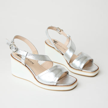 Marian Silver Leather Metallic Wedge Sandals - Nozomi