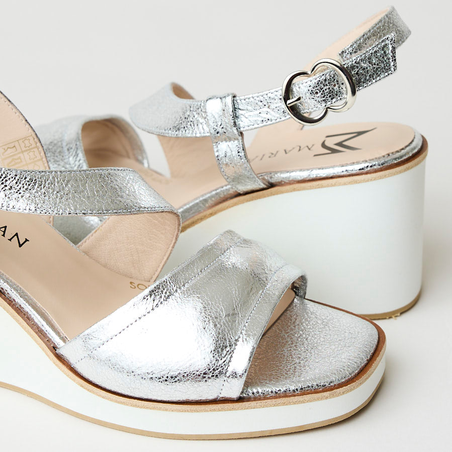 Marian Silver Leather Metallic Wedge Sandals - Nozomi