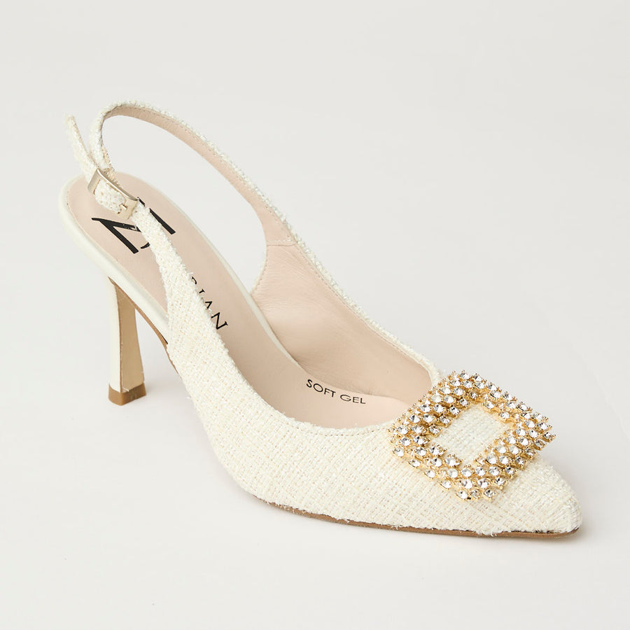 Marian Chanel Ivory Linen Covered Slingback Shoes - Nozomi