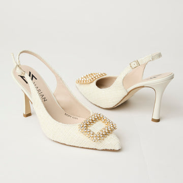 Marian Chanel Ivory Linen Covered Slingback Shoes