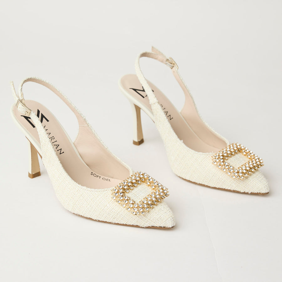 Marian Chanel Ivory Linen Covered Slingback Shoes - Nozomi