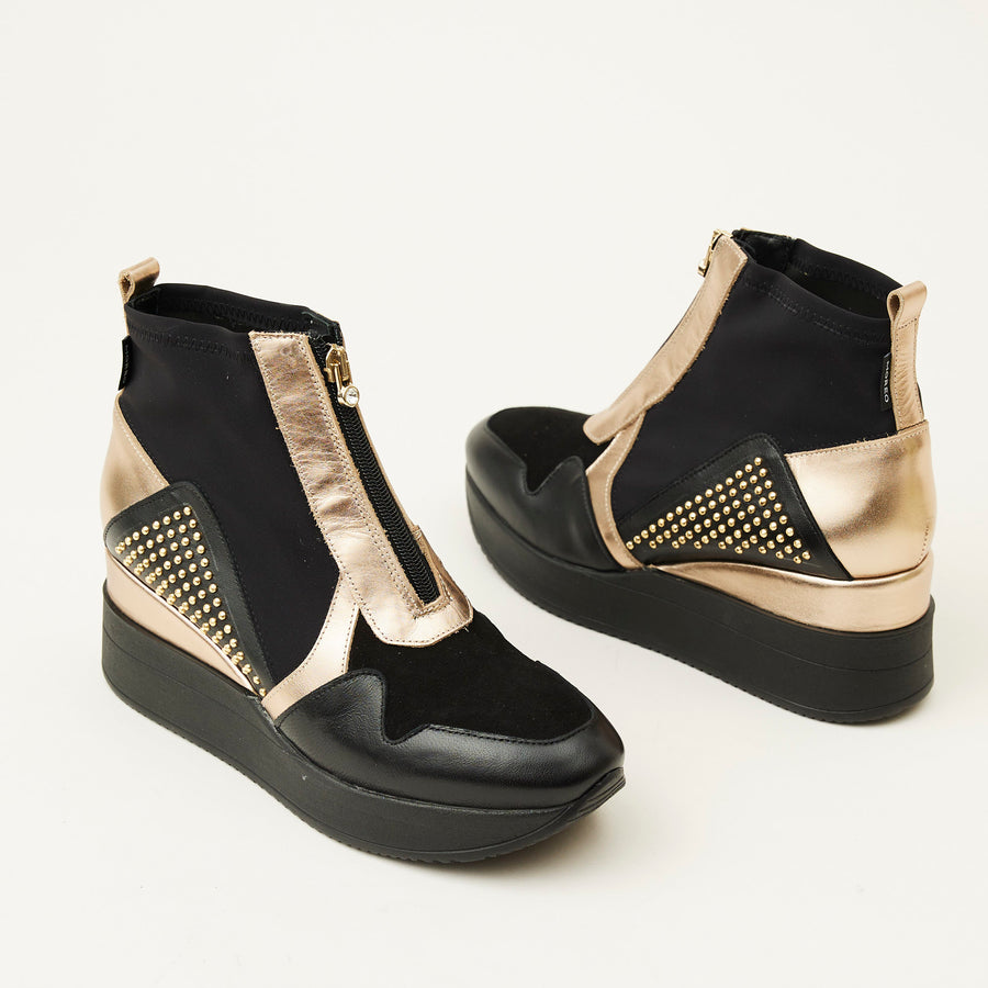 Marco Moreo Wedge Black and Gold Leather Ankle Boots - Nozomi