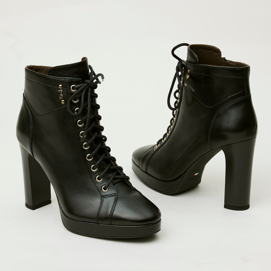 NeroGiardini Black Leather High Heeled Lace-Up Ankle Boots - Nozomi